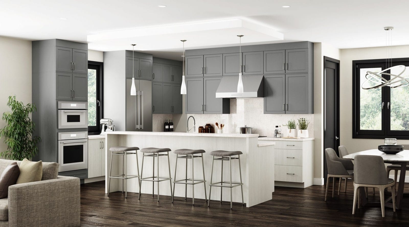 Modern and luxurious kitchen with bar stools, dining table, and gray cabinets.
