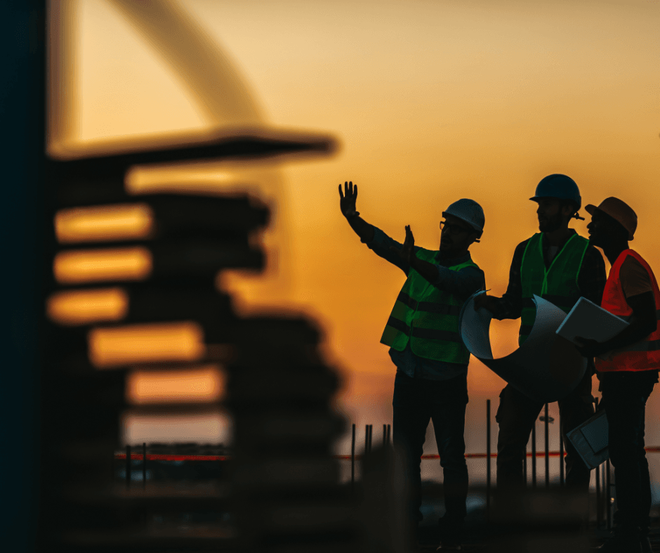Construction workers speaking with the sunset behind them.