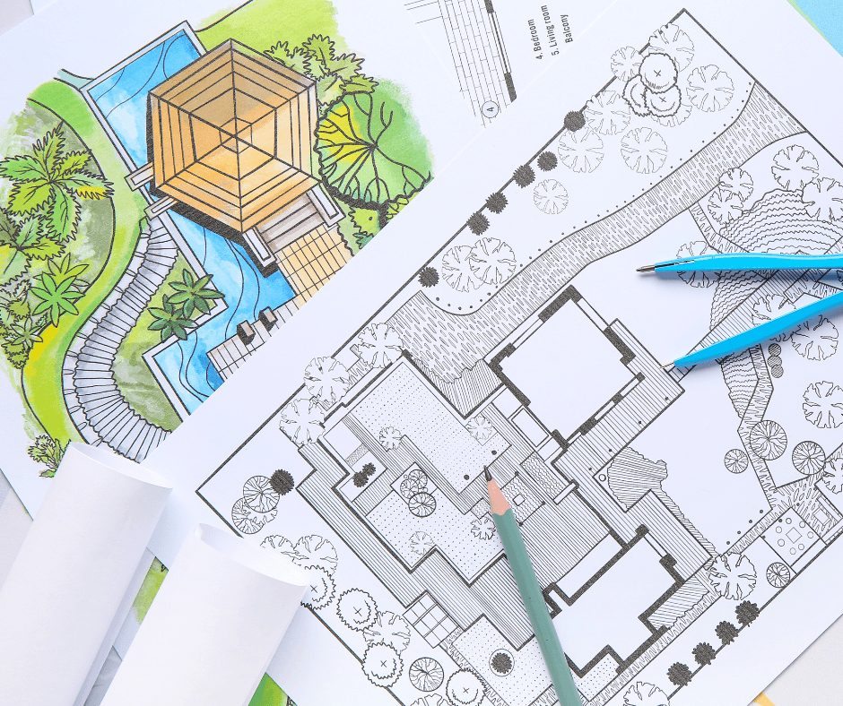 An image of blueprints outlining the details of each zone. Looks like a home and an outdoor area for a resort.