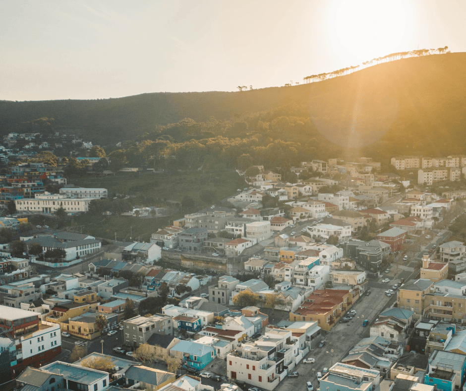 Another aerial view from the side of a cityscape. Showcases a variety of residential areas.