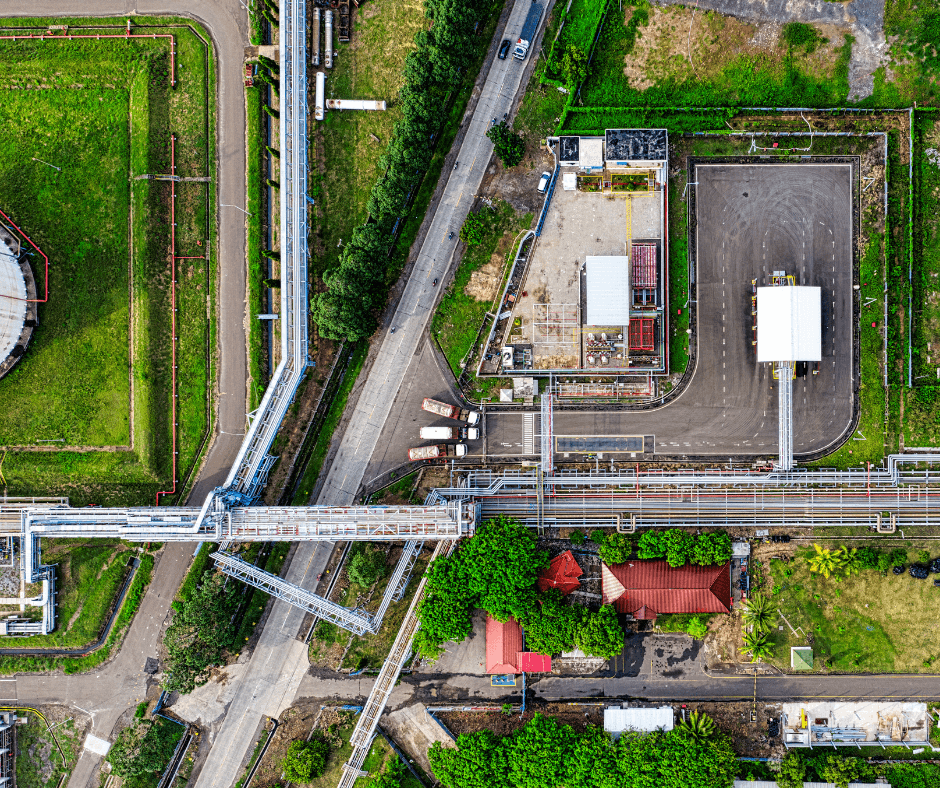 An image regarding industrial zoning and infrastructure. It shows the aerial view over the factory.