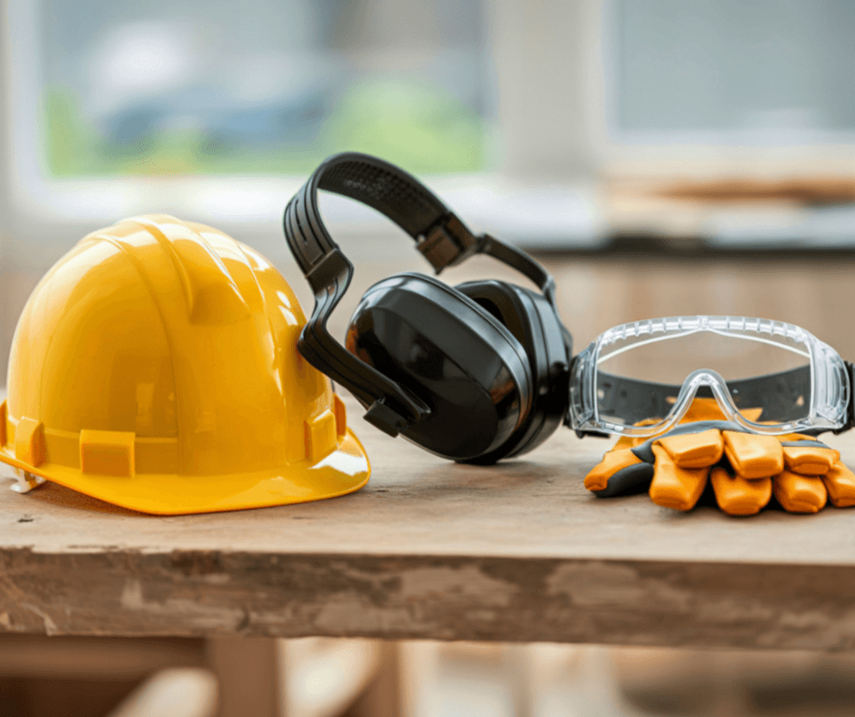 Four different personal protection equipment placed on a wooden table. Includes a hardhat (far left), headphones (center), safety glasses (right and middle), and gloves (under glasses).